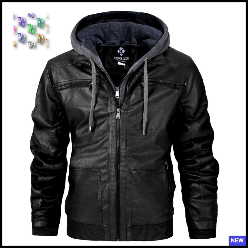 Men's Faux Leather Motorcycle Jacket with Removable Hood Classic Fit